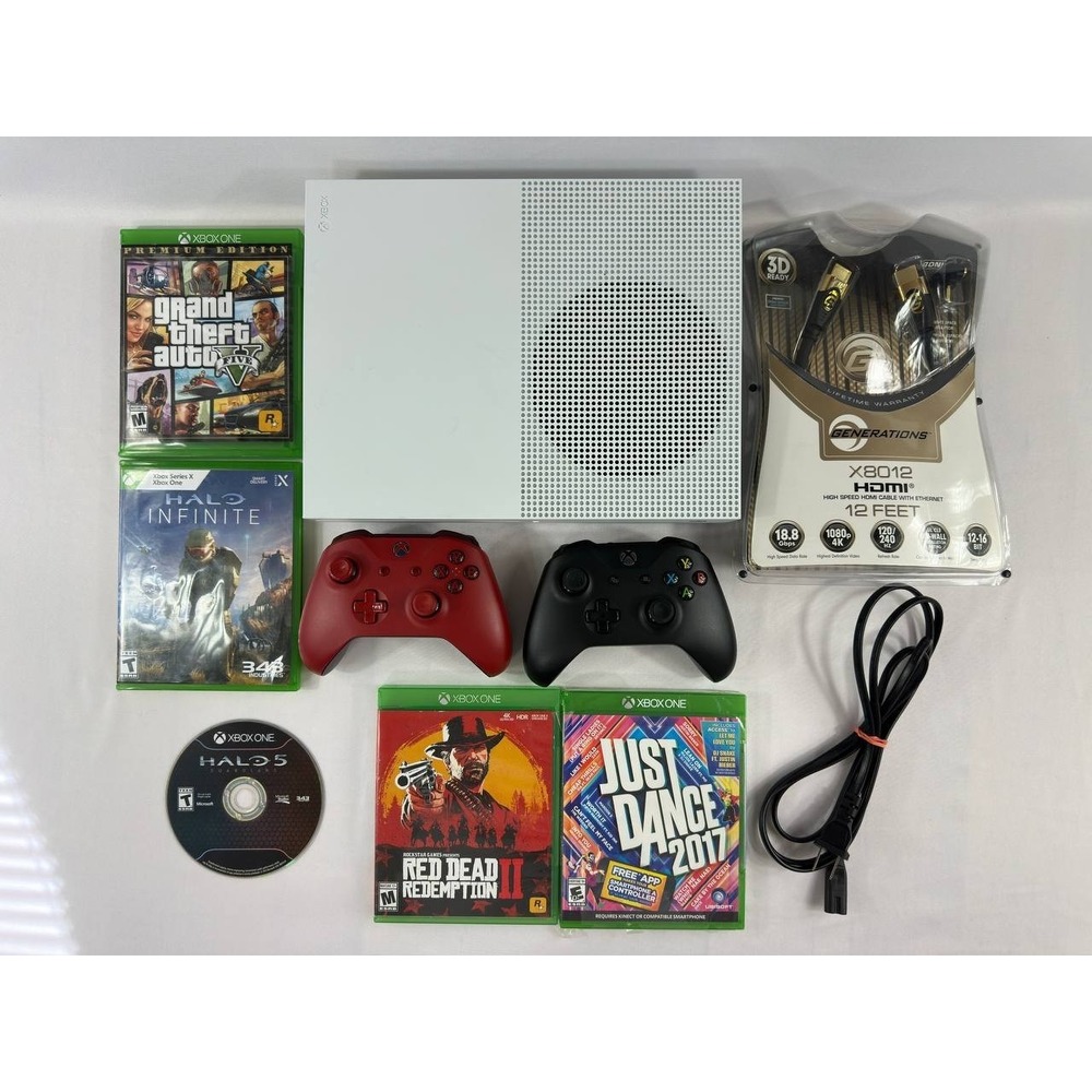 Microsoft Xbox One S 1TB White Console 2 Controllers GTA V RDR2 Halo Tested
